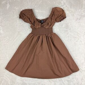 Y2K Babydoll Milkmaid Mini Dress Women M Brown Smocked Puff Sleeve Cottagecore